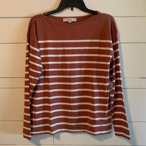 LOFT Women’s Long Sleeve Pink and White Striped Tee, Size M
